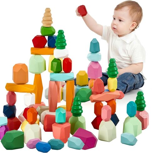 39pcs Montessori Wooden Stacking Rocks Toys Colorful Stocking Stones Building Build Games Sensory Toy For Toddlers Educational Learning Toys for 1 2 3 4 5 6 6 years Kids in Saudi Arabia
