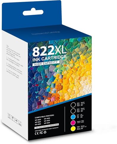 خرطوشة حبر 822XL عالية السعة 5 عبوات (2BK+1C+1M+1Y) بديل متوافق مُعاد تصنيعه للحبر الأسود السماوي والأرجواني الأصفر 822XL للطابعة WF-3823 WF-3820 WF-4820 WF-4830 WF-4833 WF-4834 in Kuwait