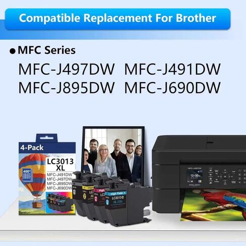 LC30134PKS High-Yield Color Ink Cartridges 4-Pack, Up to 400 Pages per Cartridge, Includes Black, Cyan, Magenta and Yellow - Replacement for Brother MFC-J491DW MFC-J497DW MFC-J895DW MFC-J690DW Printer in Saudi Arabia
