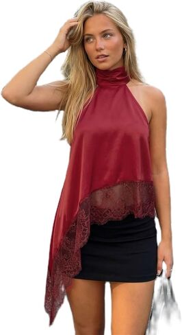 Women Satin Halter Top Lace Trim Mock Neck Tank Top Sleeveless Backless Asymmetric Hem Y2k Going Out Tops in Saudi Arabia
