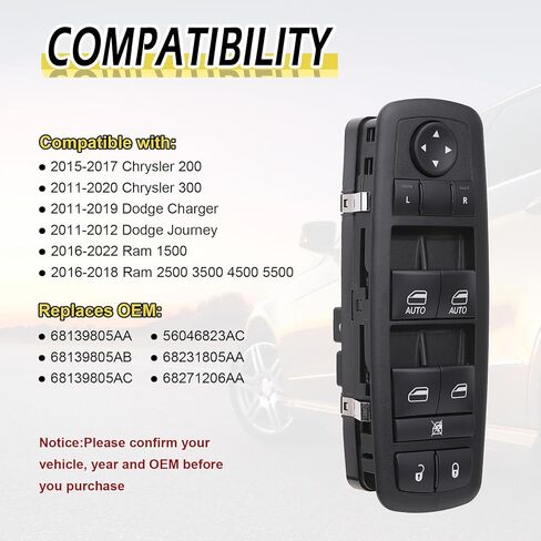 Vurkcy Master Window Switch 68231805AA Fit for 2011-2020 Chrysler 300, 2011-2019 Dodge Charger, 2015-2017 Chrysler 200, 2016-2018 Ram 1500 2500 3500 4500 5500 Replace 68139805AB in Kuwait