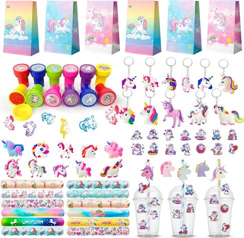 134pcs Unicorn Birthday Party Favors Set, Unicorns Goodie Bags Bracelet Stickers Keychain Stampers Rings etc for Unicorn Birthday Party Decorations in Saudi Arabia