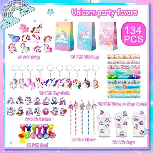 134pcs Unicorn Birthday Party Favors Set, Unicorns Goodie Bags Bracelet Stickers Keychain Stampers Rings etc for Unicorn Birthday Party Decorations in Saudi Arabia