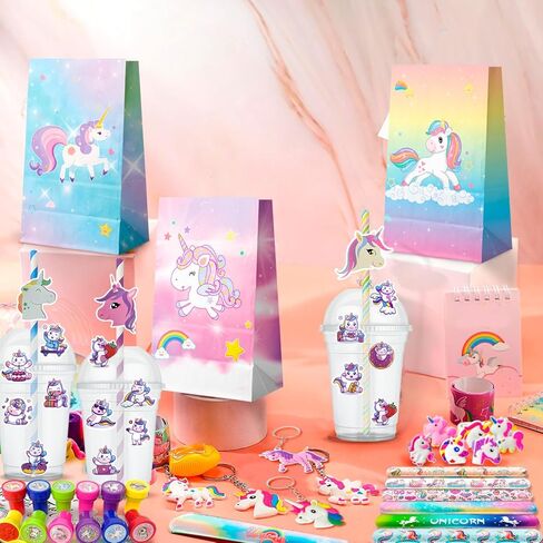 134pcs Unicorn Birthday Party Favors Set, Unicorns Goodie Bags Bracelet Stickers Keychain Stampers Rings etc for Unicorn Birthday Party Decorations in Saudi Arabia