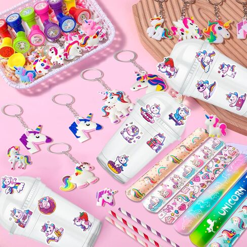 134pcs Unicorn Birthday Party Favors Set, Unicorns Goodie Bags Bracelet Stickers Keychain Stampers Rings etc for Unicorn Birthday Party Decorations in Saudi Arabia