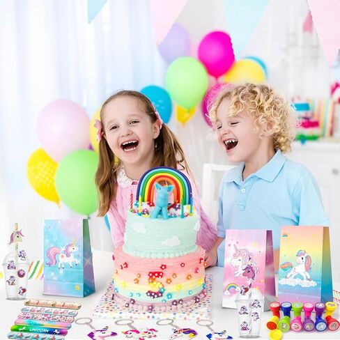 134pcs Unicorn Birthday Party Favors Set, Unicorns Goodie Bags Bracelet Stickers Keychain Stampers Rings etc for Unicorn Birthday Party Decorations in Saudi Arabia