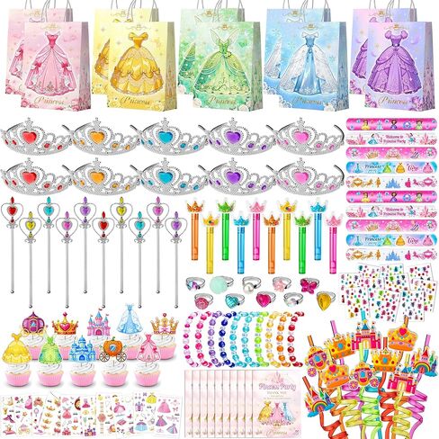 WHALEISLAND 130PCS Princess Birthday Party Decorations Favors, Including Goodie Bags, Crown, Magic Wand, Straws, Bubble Wands, Stickers, Cake Toppers, Tattoo, Jewelry Necklace Bracelet Rings for Girls in Saudi Arabia