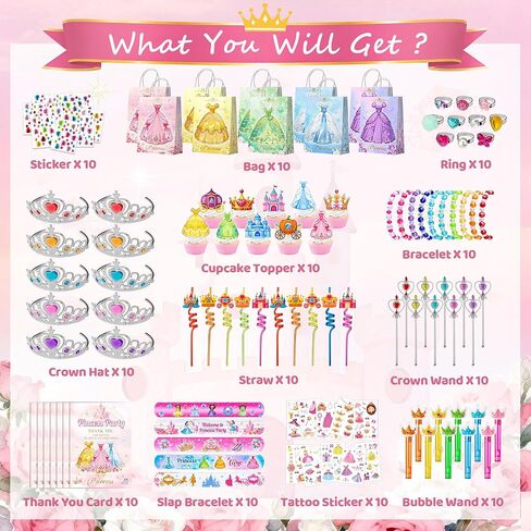 WHALEISLAND 130PCS Princess Birthday Party Decorations Favors, Including Goodie Bags, Crown, Magic Wand, Straws, Bubble Wands, Stickers, Cake Toppers, Tattoo, Jewelry Necklace Bracelet Rings for Girls in Saudi Arabia