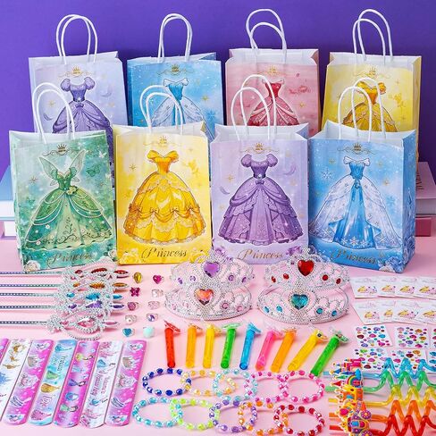 WHALEISLAND 130PCS Princess Birthday Party Decorations Favors, Including Goodie Bags, Crown, Magic Wand, Straws, Bubble Wands, Stickers, Cake Toppers, Tattoo, Jewelry Necklace Bracelet Rings for Girls in Saudi Arabia