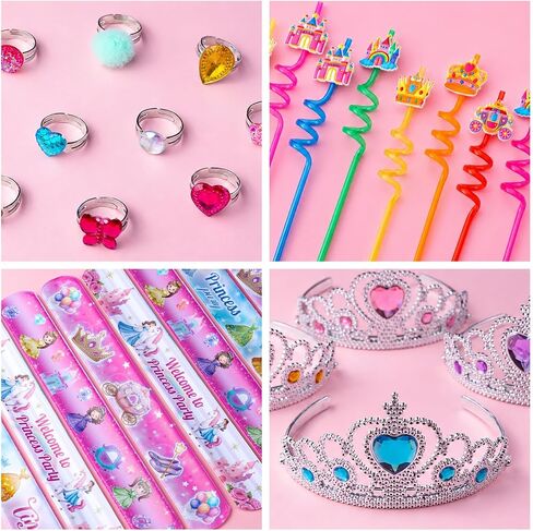 WHALEISLAND 130PCS Princess Birthday Party Decorations Favors, Including Goodie Bags, Crown, Magic Wand, Straws, Bubble Wands, Stickers, Cake Toppers, Tattoo, Jewelry Necklace Bracelet Rings for Girls in Saudi Arabia