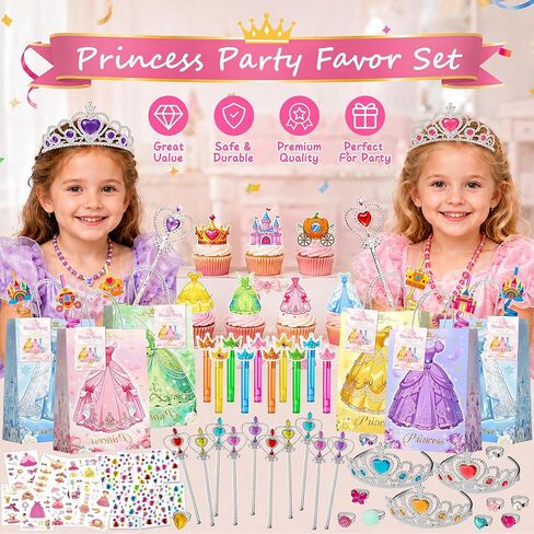 WHALEISLAND 130PCS Princess Birthday Party Decorations Favors, Including Goodie Bags, Crown, Magic Wand, Straws, Bubble Wands, Stickers, Cake Toppers, Tattoo, Jewelry Necklace Bracelet Rings for Girls in Saudi Arabia