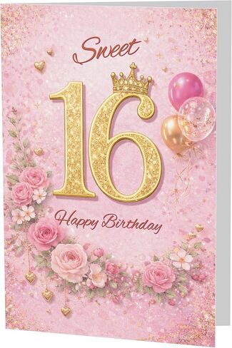 Cards 16th Birthday Card for Her – Sweet 16 Pink & Gold Crown Design A5 Greeting Card with Printed Verse – Premium UK Made Design in Saudi Arabia