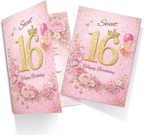 Cards 16th Birthday Card for Her – Sweet 16 Pink & Gold Crown Design A5 Greeting Card with Printed Verse – Premium UK Made Design in Saudi Arabia