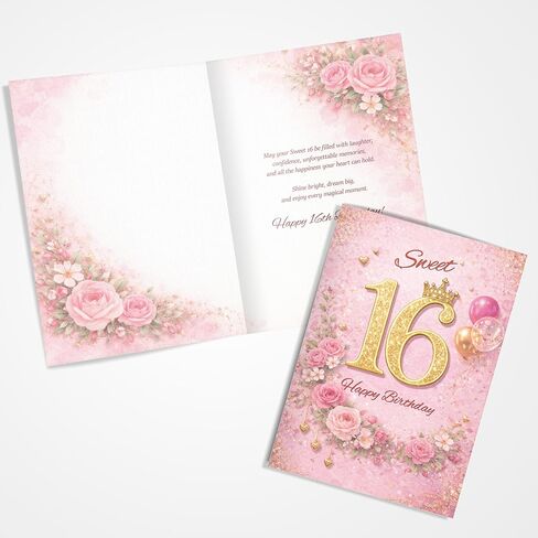 Cards 16th Birthday Card for Her – Sweet 16 Pink & Gold Crown Design A5 Greeting Card with Printed Verse – Premium UK Made Design in Saudi Arabia