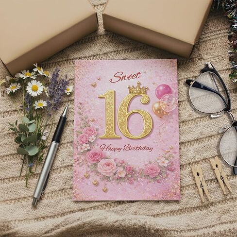 Cards 16th Birthday Card for Her – Sweet 16 Pink & Gold Crown Design A5 Greeting Card with Printed Verse – Premium UK Made Design in Saudi Arabia