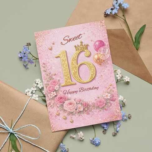 Cards 16th Birthday Card for Her – Sweet 16 Pink & Gold Crown Design A5 Greeting Card with Printed Verse – Premium UK Made Design in Saudi Arabia