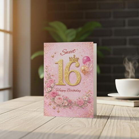 Cards 16th Birthday Card for Her – Sweet 16 Pink & Gold Crown Design A5 Greeting Card with Printed Verse – Premium UK Made Design in Saudi Arabia