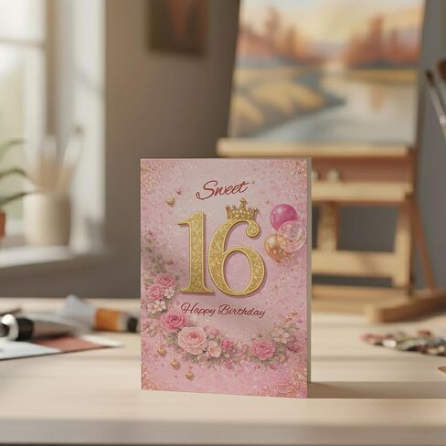 Cards 16th Birthday Card for Her – Sweet 16 Pink & Gold Crown Design A5 Greeting Card with Printed Verse – Premium UK Made Design in Saudi Arabia