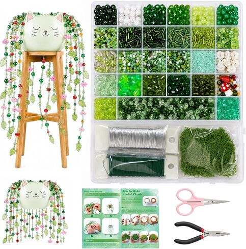 Scvotier Beaded Plant Kits with Wire and Beads, All-in-One Green Glass Beaded Plant DIY Craft Kit with Tools & Instructions - Create Your Own Hanging Green Decor, Relaxing Handmade Gift in Kuwait