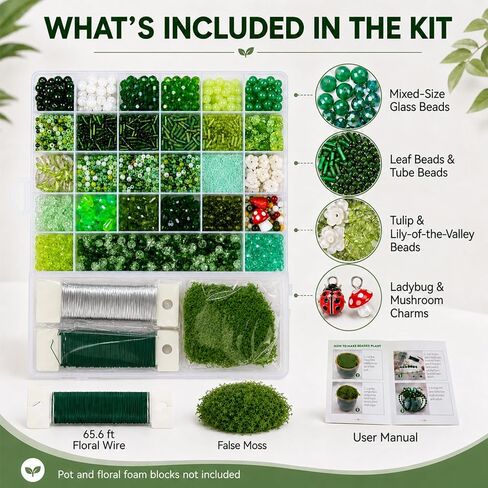 Scvotier Beaded Plant Kits with Wire and Beads, All-in-One Green Glass Beaded Plant DIY Craft Kit with Tools & Instructions - Create Your Own Hanging Green Decor, Relaxing Handmade Gift in Kuwait