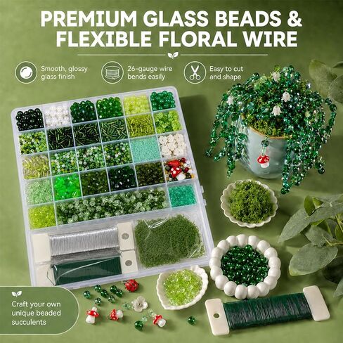 Scvotier Beaded Plant Kits with Wire and Beads, All-in-One Green Glass Beaded Plant DIY Craft Kit with Tools & Instructions - Create Your Own Hanging Green Decor, Relaxing Handmade Gift in Kuwait