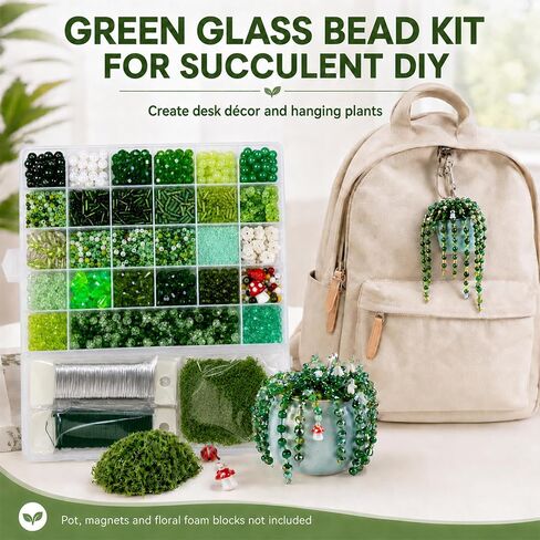 Scvotier Beaded Plant Kits with Wire and Beads, All-in-One Green Glass Beaded Plant DIY Craft Kit with Tools & Instructions - Create Your Own Hanging Green Decor, Relaxing Handmade Gift in Kuwait
