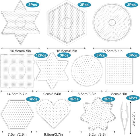 5mm Fuse Beads Pegboards, 45Pcs Melty Beads Peg Boards Large Clear Pegboards Kits with 6 Tweezers for Beading DIY Craft Projects (10 Different Shapes) in Kuwait