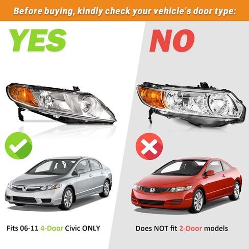 WEELMOTO for 2006-2011 Honda Civic 4-Door Headlights Replacement for Headlight Pair Headlamp Chrome Housing Amber Reflector Left+Right Side (Does NOT fit 2-Door Coupe models in Saudi Arabia