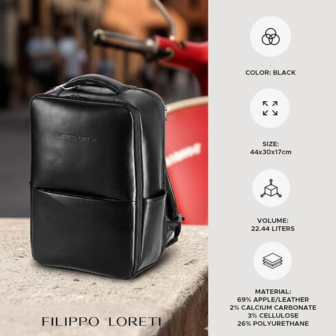 FILIPPO LORETI Leather Travel Backpack with Laptop Compartment fits 16", Anti-Theft Fashion Designer Carry-on Bag, Functional, Durable with Multiple Organizational Pockets, Eco-Friendly, Black in Saudi Arabia