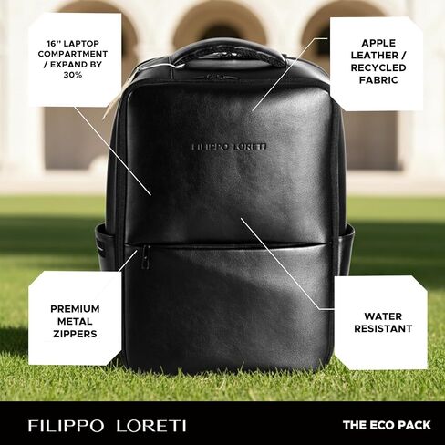 FILIPPO LORETI Leather Travel Backpack with Laptop Compartment fits 16", Anti-Theft Fashion Designer Carry-on Bag, Functional, Durable with Multiple Organizational Pockets, Eco-Friendly, Black in Saudi Arabia
