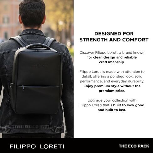 FILIPPO LORETI Leather Travel Backpack with Laptop Compartment fits 16", Anti-Theft Fashion Designer Carry-on Bag, Functional, Durable with Multiple Organizational Pockets, Eco-Friendly, Black in Saudi Arabia