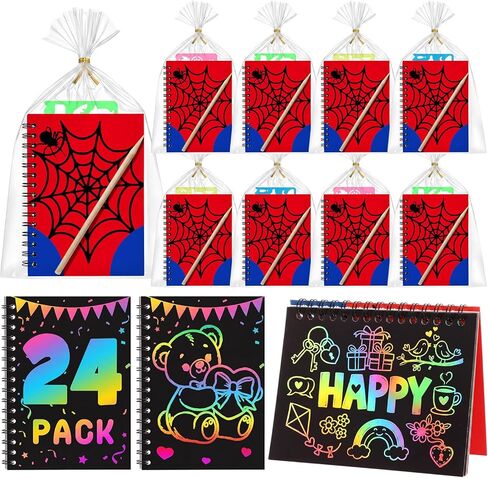 24 Pack Spiderweb Scratch Party Favors Art Crafts: Bulk Scratch Notebook Paper Pads, Wooden Stylus, Drawing Stencils and Gift Bags for Gifts Birthday Party Favors Goodie Bag Stuffers in Kuwait