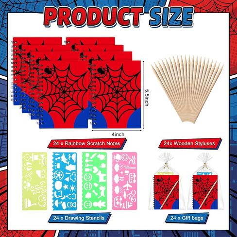 24 Pack Spiderweb Scratch Party Favors Art Crafts: Bulk Scratch Notebook Paper Pads, Wooden Stylus, Drawing Stencils and Gift Bags for Gifts Birthday Party Favors Goodie Bag Stuffers in Kuwait