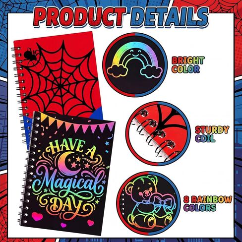 24 Pack Spiderweb Scratch Party Favors Art Crafts: Bulk Scratch Notebook Paper Pads, Wooden Stylus, Drawing Stencils and Gift Bags for Gifts Birthday Party Favors Goodie Bag Stuffers in Kuwait