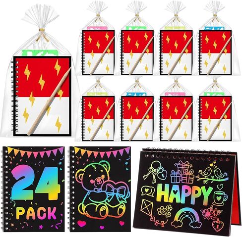 24 Pack Spiderweb Scratch Party Favors Art Crafts: Bulk Scratch Notebook Paper Pads, Wooden Stylus, Drawing Stencils and Gift Bags for Gifts Birthday Party Favors Goodie Bag Stuffers in Kuwait