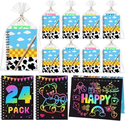 24 Pack Spiderweb Scratch Party Favors Art Crafts: Bulk Scratch Notebook Paper Pads, Wooden Stylus, Drawing Stencils and Gift Bags for Gifts Birthday Party Favors Goodie Bag Stuffers in Kuwait