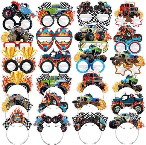 24 Pcs Monster Truck Party Decorations Paper Glasses and Paper Headbands Monster Truck Photo Booth Props Decorations in Kuwait