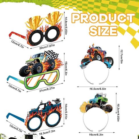 24 Pcs Monster Truck Party Decorations Paper Glasses and Paper Headbands Monster Truck Photo Booth Props Decorations in Kuwait