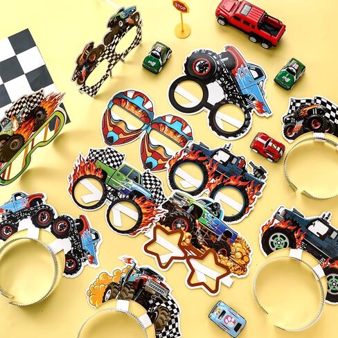 24 Pcs Monster Truck Party Decorations Paper Glasses and Paper Headbands Monster Truck Photo Booth Props Decorations in Kuwait
