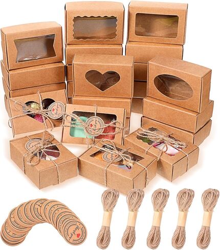 Lemecima 100 Pcs Soap Boxes for Homemade Soap with Clear Windows, 5 Designs Paper Gift Packaging Boxes 3.5 x 2.4 x 1.2 Inch, Includes Thank You Tags & Jute Twine for Treats, Candies, Cookies in Saudi Arabia