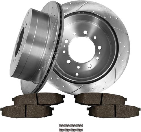 PM Auto Set of 6 Rear 345mm Drilled Slotted Brake Disc Rotors-Ceramic Brake Pad Kit Replacement For 2007-2021 Toyota Tundra in Kuwait