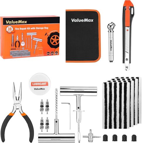 ValueMax Tire Repair Kit, 38PCS Universal Heavy Duty Car Tool Kit for Fix Punctures, Tire Plug Tools for Cars, Motorcycles, ATV, SUV, RV, Tractors, Trucks, etc. in Kuwait