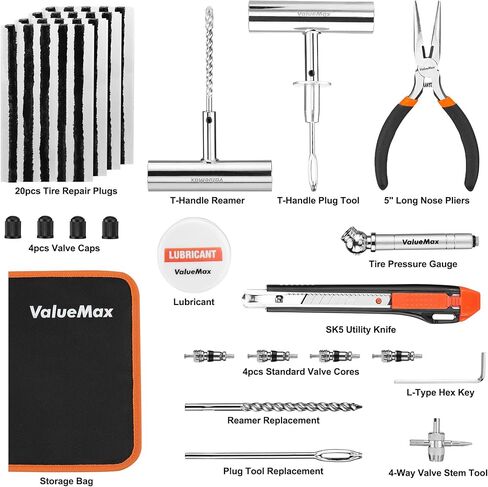 ValueMax Tire Repair Kit, 38PCS Universal Heavy Duty Car Tool Kit for Fix Punctures, Tire Plug Tools for Cars, Motorcycles, ATV, SUV, RV, Tractors, Trucks, etc. in Kuwait