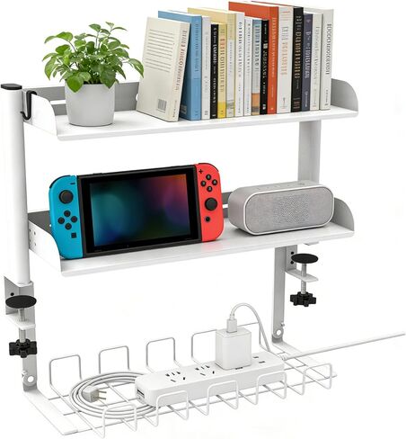 Clamp on Desk Shelf,3 Tier Desktop Organizer,Adjustable Clamp on Desk Top Organizer with Under Desk Hidden Storage Basket&Hooks,No Drilling Desk Clamp Storage Shelves for Working Gaming Accessories in Saudi Arabia