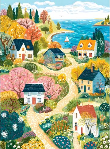 500 Piece Jigsaw Puzzle for Adults, Coastal Village Landscape Jigsaw Puzzle, Colorful Cottage Ocean View Art Puzzle for Adults, Relaxing Activity, for Puzzle Lovers in Saudi Arabia