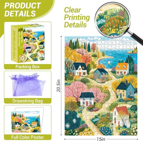 500 Piece Jigsaw Puzzle for Adults, Coastal Village Landscape Jigsaw Puzzle, Colorful Cottage Ocean View Art Puzzle for Adults, Relaxing Activity, for Puzzle Lovers in Saudi Arabia