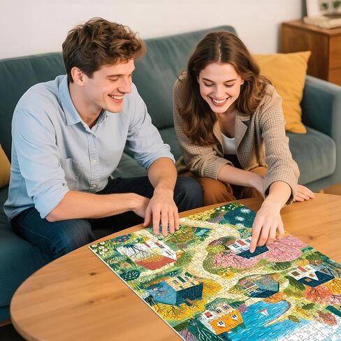 500 Piece Jigsaw Puzzle for Adults, Coastal Village Landscape Jigsaw Puzzle, Colorful Cottage Ocean View Art Puzzle for Adults, Relaxing Activity, for Puzzle Lovers in Saudi Arabia