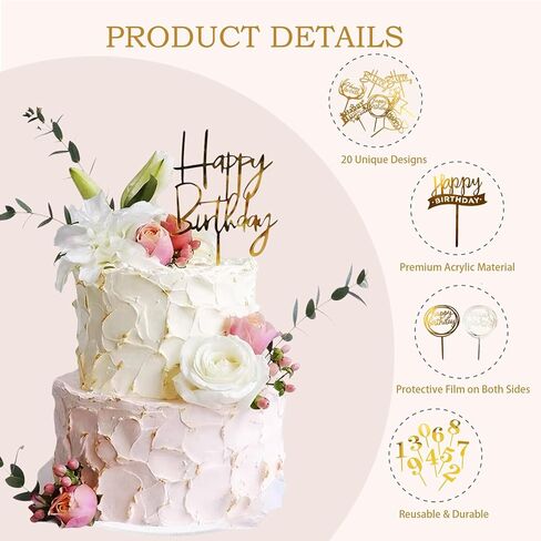 50 PCS Happy Birthday Cake Topper Acrylic Gold Cupcake Toppers, Glitter Party Birthday Cake Decorations for Women Men Girls, Elegant Dessert Picks for Anniversary Celebration, Gold 50 Pack in Saudi Arabia