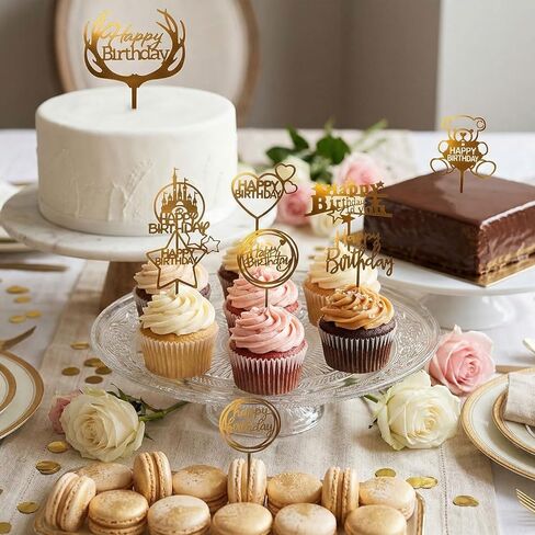 50 PCS Happy Birthday Cake Topper Acrylic Gold Cupcake Toppers, Glitter Party Birthday Cake Decorations for Women Men Girls, Elegant Dessert Picks for Anniversary Celebration, Gold 50 Pack in Saudi Arabia