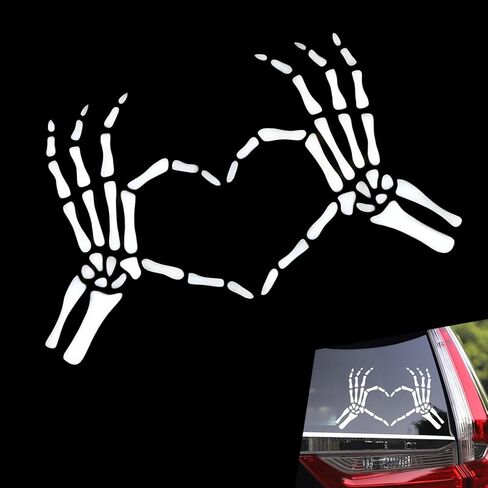 Skull Heart Shaped Hand Sticker, 5.9" x 3.5" Car Rear Window & Bumper Funny Decal, Reflective Self-Adhesive Skeleton Hand Car Decor Sticker for Cars, Trucks, SUVs, Windows, Walls (White) in Kuwait
